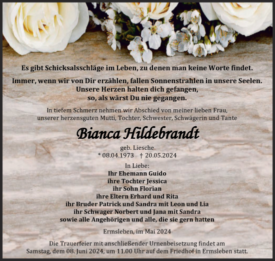 Traueranzeige von Bianca Hildebrandt von Trauerkombi Quedlinburg