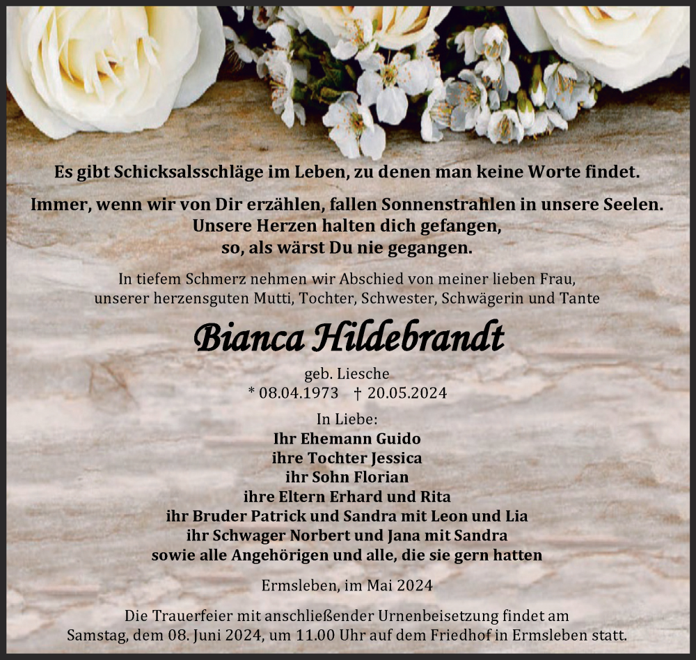  Traueranzeige für Bianca Hildebrandt vom 01.06.2024 aus Trauerkombi Quedlinburg