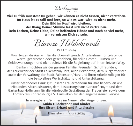 Traueranzeige von Bianca Hildebrandt von Trauerkombi Aschersleben