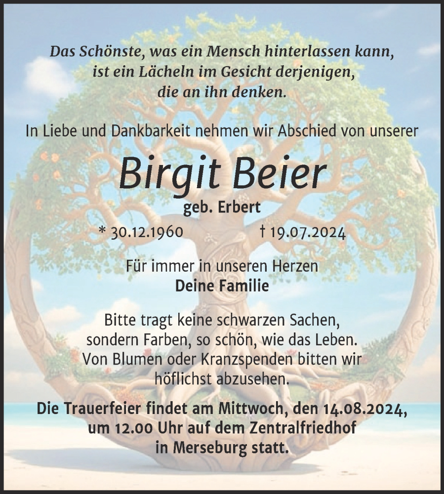  Traueranzeige für Birgit Beier vom 27.07.2024 aus Trauerkombi Merseburg