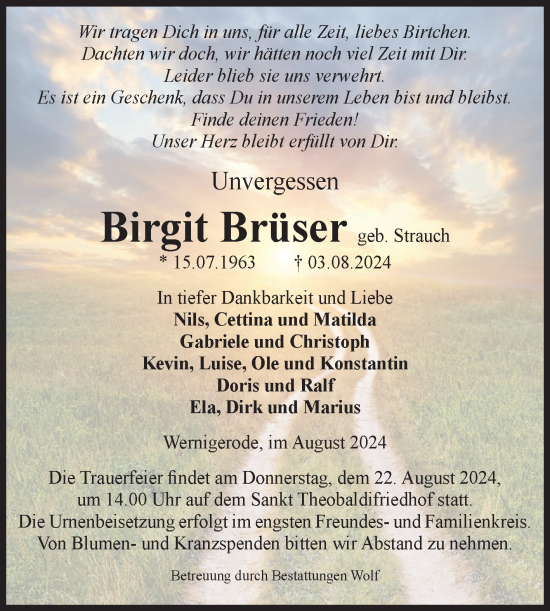 Traueranzeige von Birgit Brüser von Volksstimme Wernigerode