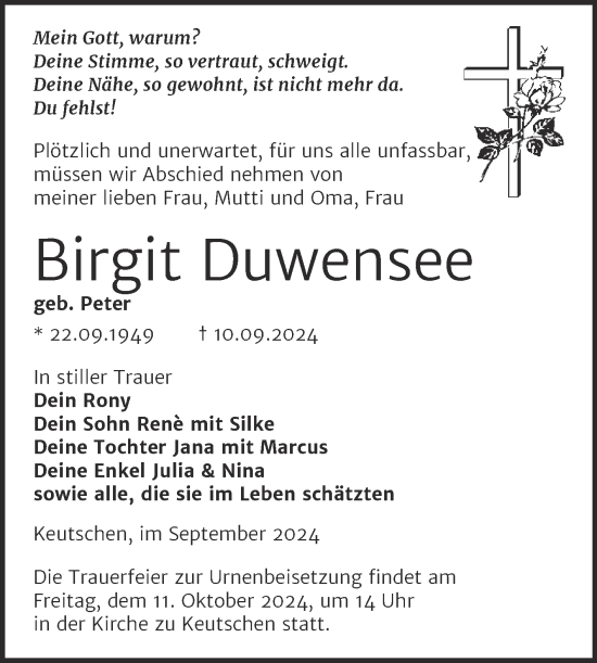 Traueranzeige von Birgit Duwensee von Trauerkombi Weißenfels