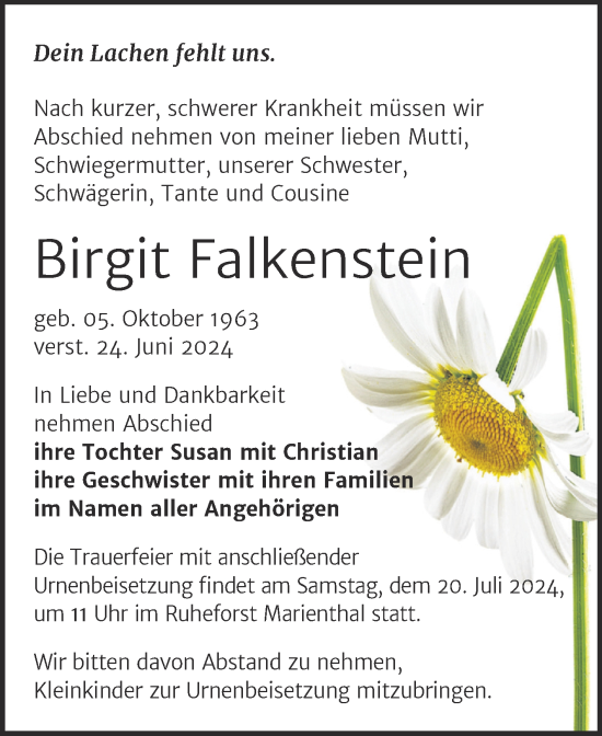 Traueranzeige von Birgit Falkenstein von Super Sonntag Naumburg/Nebra
