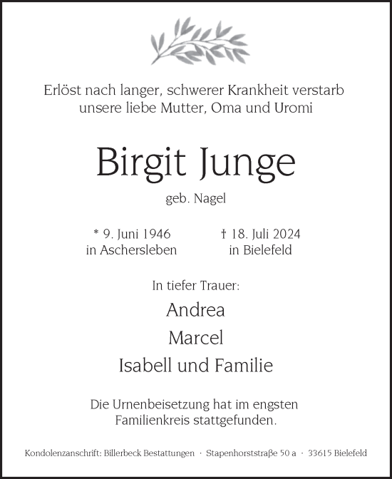 Traueranzeige von Birgit Junge von Mitteldeutsche Zeitung Aschersleben