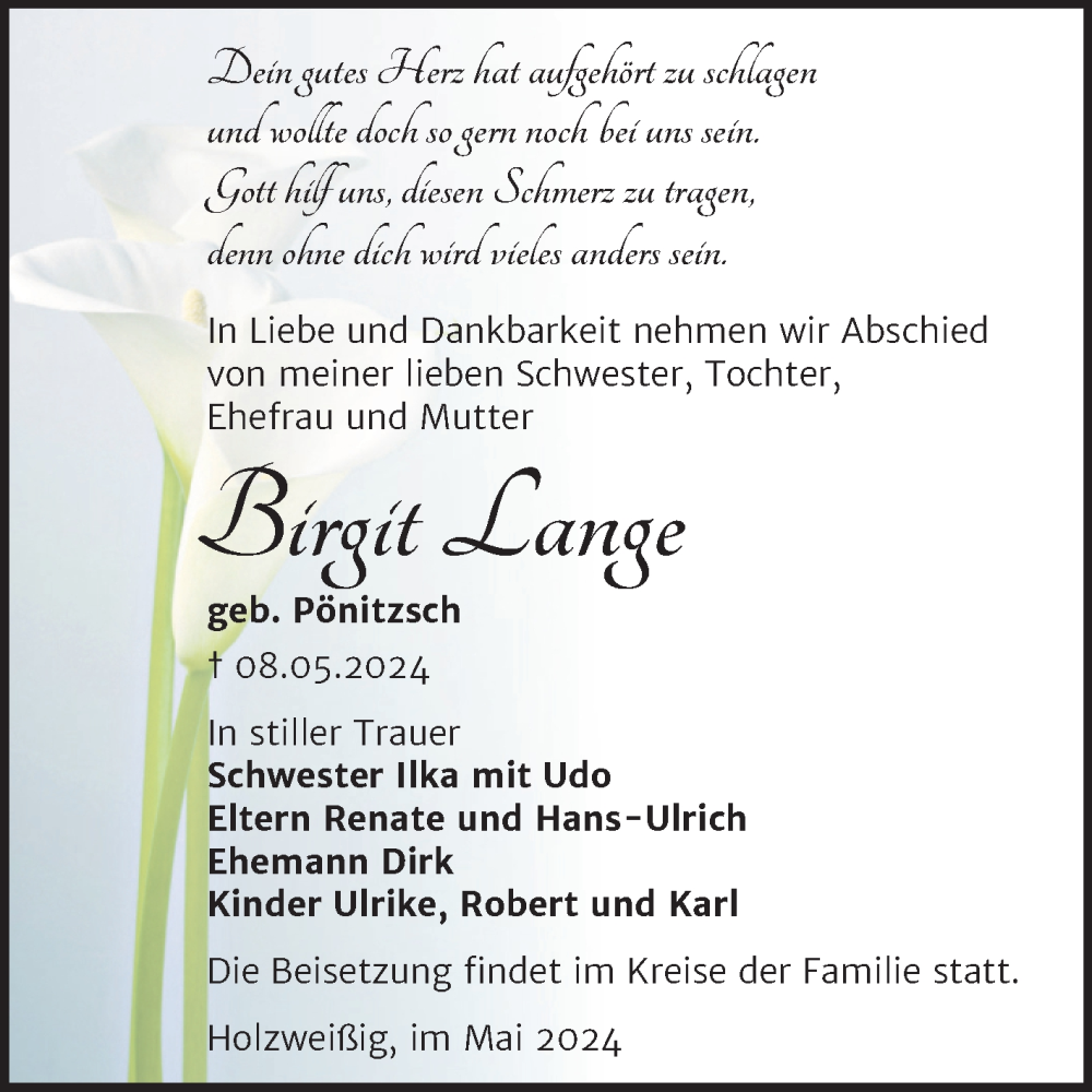  Traueranzeige für Birgit Lange vom 25.05.2024 aus Trauerkombi Bitterfeld