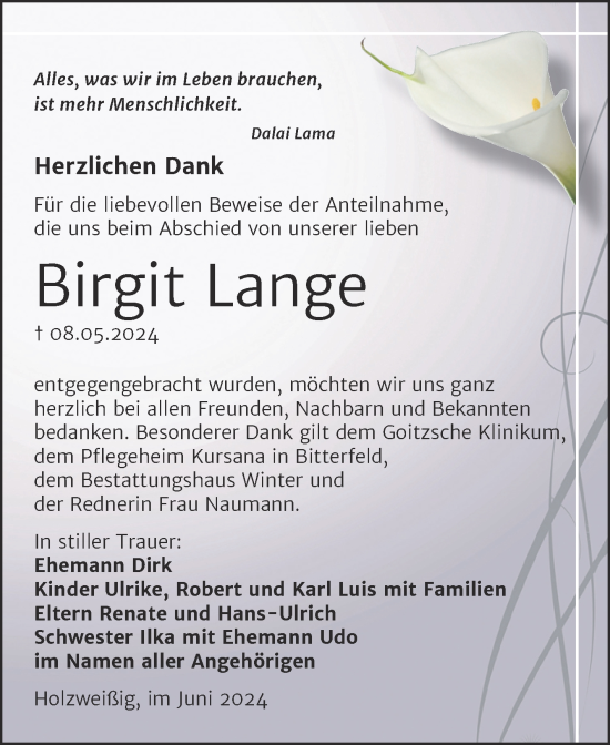 Traueranzeige von Birgit Lange von Trauerkombi Bitterfeld