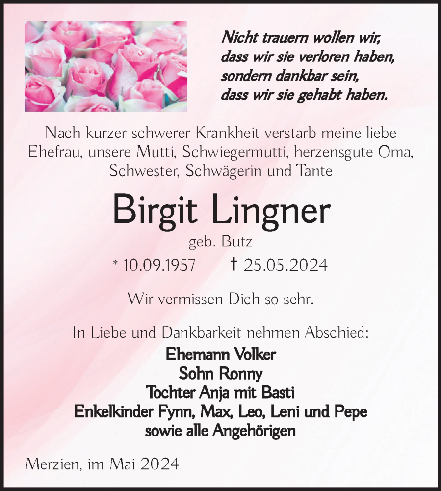  Traueranzeige für Birgit Lingner vom 30.05.2024 aus Trauerkombi Köthen