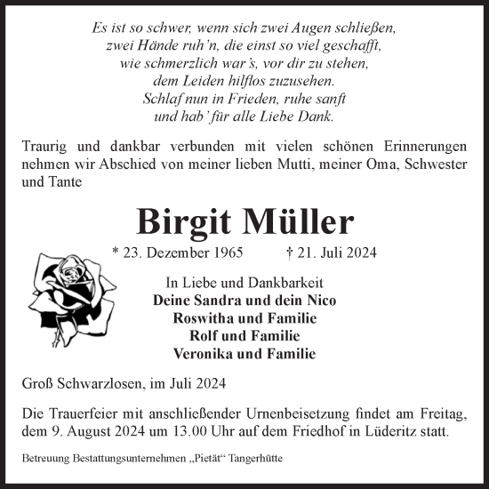 Traueranzeige von Birgit Müller von Volksstimme Altmark Ost