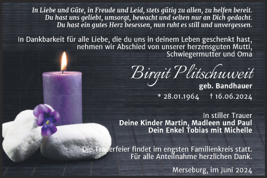 Traueranzeige von Birgit Plitschuweit von Trauerkombi Merseburg