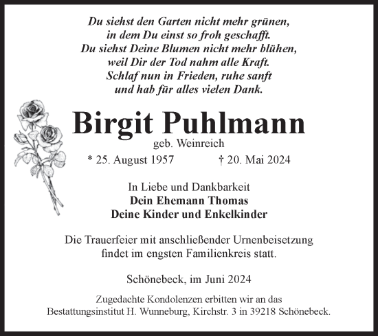 Traueranzeige von Birgit Puhlmann von Volksstimme Schönebeck