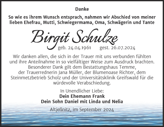 Traueranzeige von Birgit Schulze von Trauerkombi Bitterfeld
