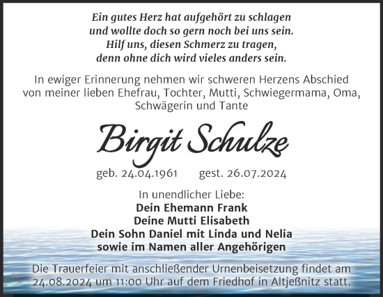 Traueranzeige von Birgit Schulze von Trauerkombi Bitterfeld