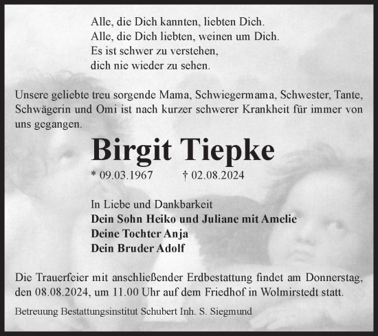 Traueranzeige von Birgit Tiepke von Volksstimme Magdeburg