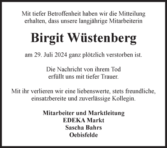 Traueranzeige von Birgit Wüstenberg von Volksstimme Altmark West