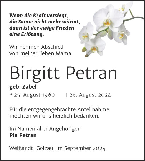 Traueranzeige von Birgitt Petran von Super Sonntag Köthen