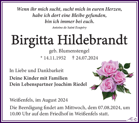 Traueranzeige von Birgitta Hildebrandt von Trauerkombi Weißenfels