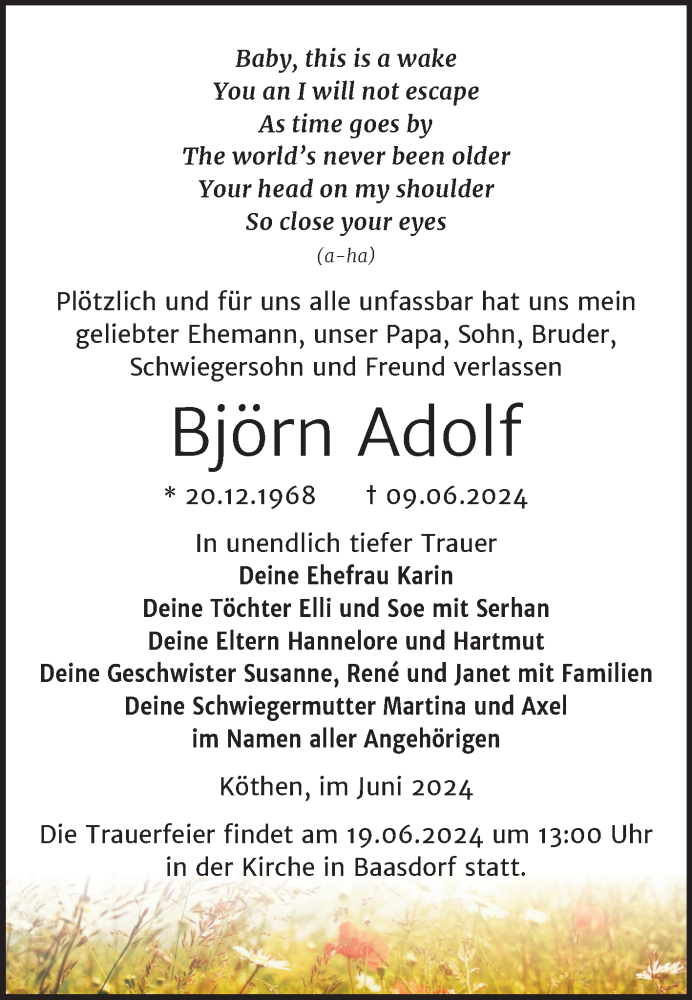  Traueranzeige für Björn Adolf vom 15.06.2024 aus Mitteldeutsche Zeitung Köthen
