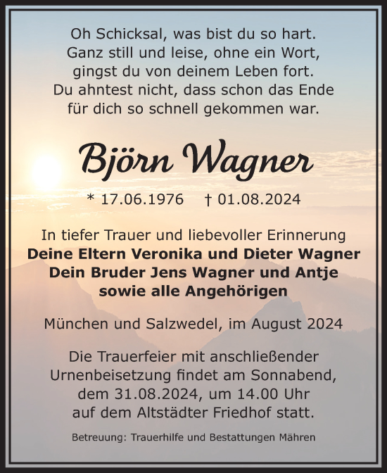 Traueranzeige von Björn Wagner von Volksstimme Altmark West