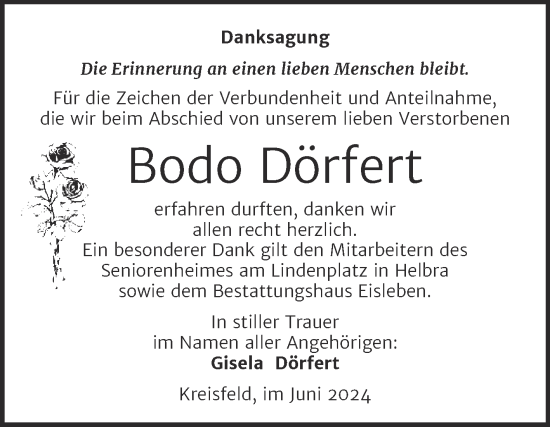 Traueranzeige von Bodo Dörfert von Trauerkombi Mansfelder Land