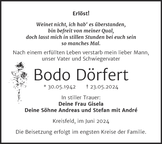 Traueranzeige von Bodo Dörfert von Trauerkombi Mansfelder Land