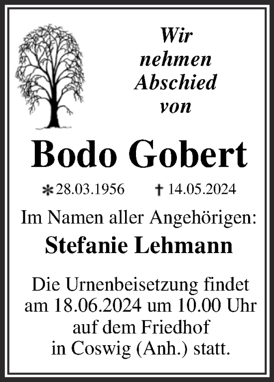 Traueranzeige von Bodo Gobert von Trauerkombi Wittenberg