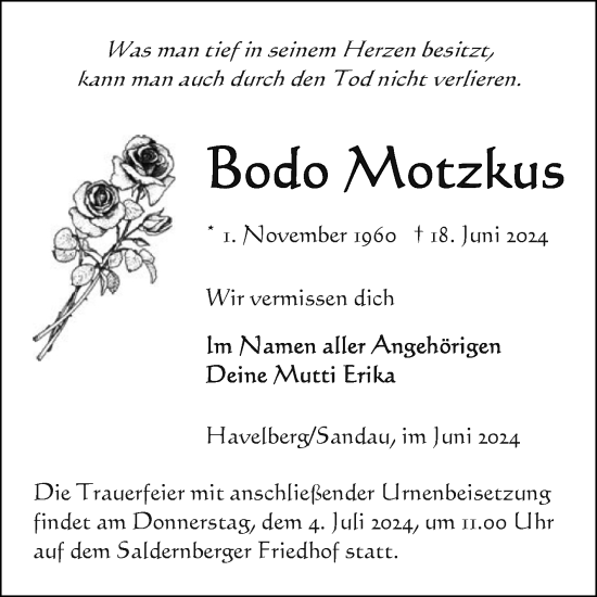 Traueranzeige von Bodo Motzkus von Volksstimme Altmark Ost