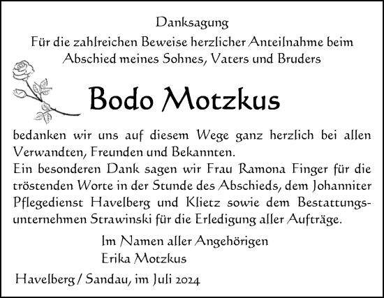 Traueranzeige von Bodo Motzkus von Volksstimme Altmark Ost