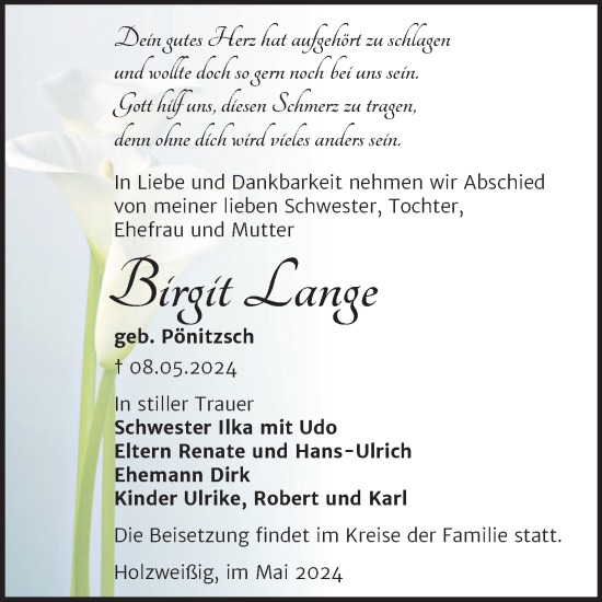 Traueranzeige von Brigit Lange von Trauerkombi Bitterfeld