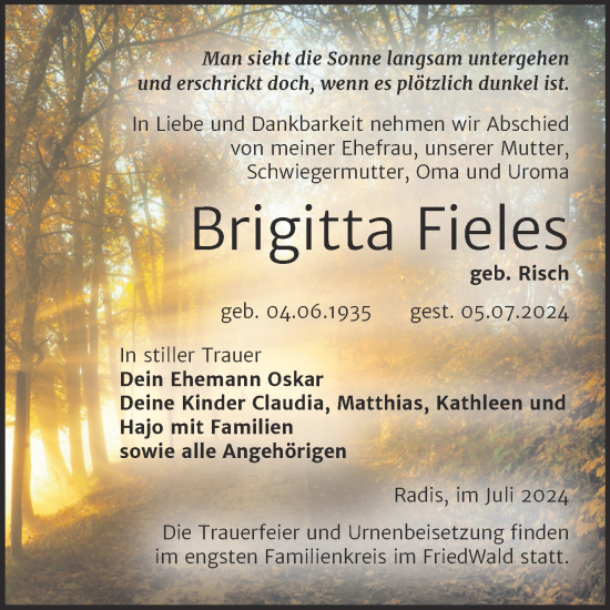 Traueranzeige von Brigitta Fieles von Trauerkombi Wittenberg