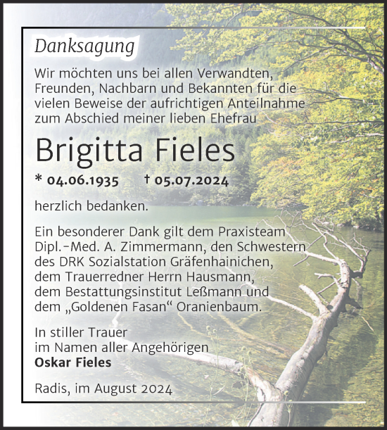 Traueranzeige von Brigitta Fieles von Trauerkombi Wittenberg