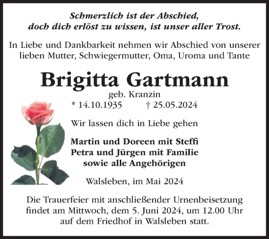 Traueranzeige von Brigitta Gartmann von Volksstimme Altmark Ost