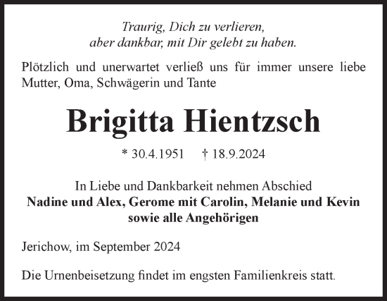 Traueranzeige von Brigitta Hientzsch von Volksstimme Burg/Genthin