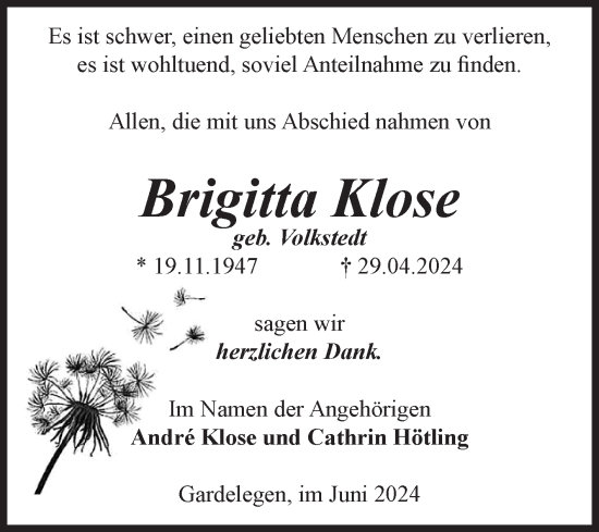 Traueranzeige von Brigitta Klose von Volksstimme Altmark West
