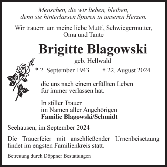 Traueranzeige von Brigitte Blagowski von Volksstimme Oschersleben/Wanzleben