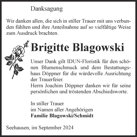 Traueranzeige von Brigitte Blagowski von Volksstimme Oschersleben/Wanzleben