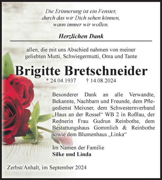 Traueranzeige von Brigitte Bretschneider von Volksstimme Zerbst