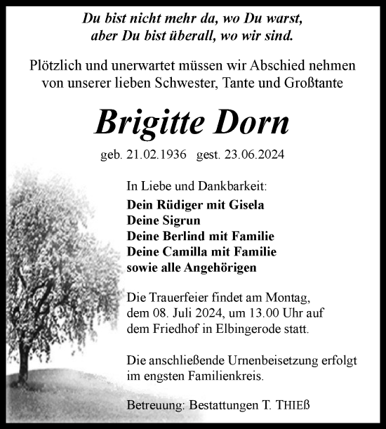 Traueranzeige von Brigitte Dorn von Volksstimme Wernigerode