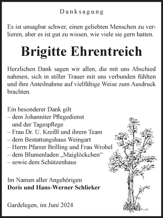 Traueranzeige von Brigitte Ehrentreich von Volksstimme Altmark West