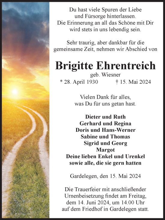 Traueranzeige von Brigitte Ehrentreich von Volksstimme Altmark West