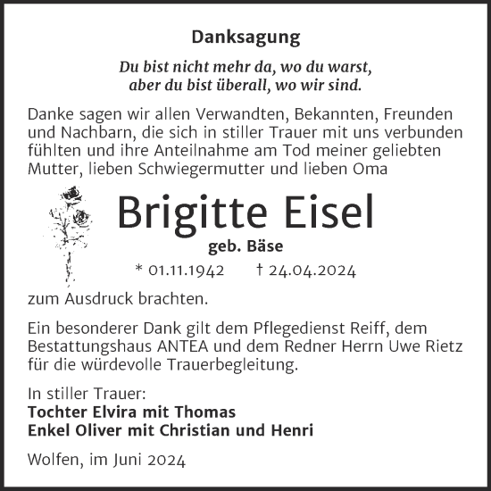 Traueranzeige von Brigitte Eisel von Trauerkombi Bitterfeld