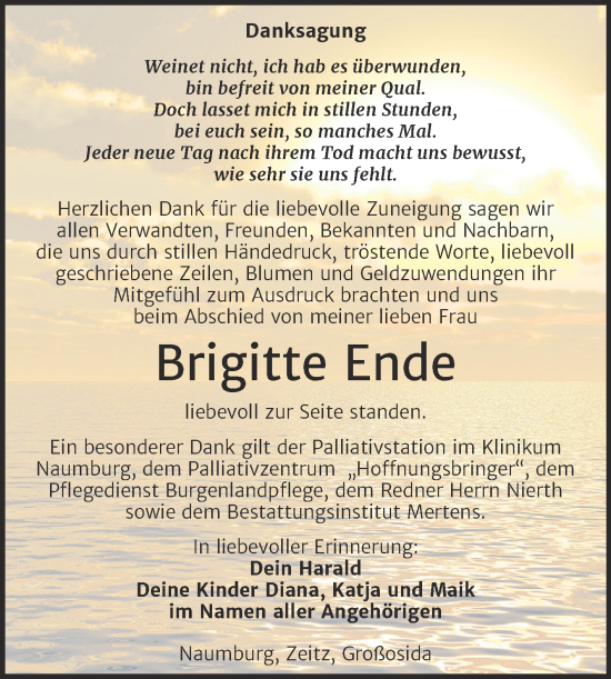 Traueranzeige von Brigitte Ende von Super Sonntag Naumburg/Nebra