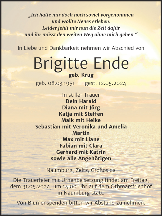 Traueranzeige von Brigitte Ende von Trauerkombi Zeitz