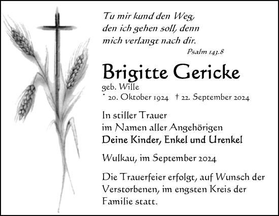 Traueranzeige von Brigitte Gericke von Volksstimme Altmark Ost