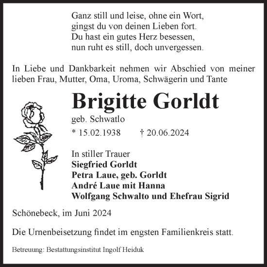 Traueranzeige von Brigitte Gorldt von Volksstimme Schönebeck