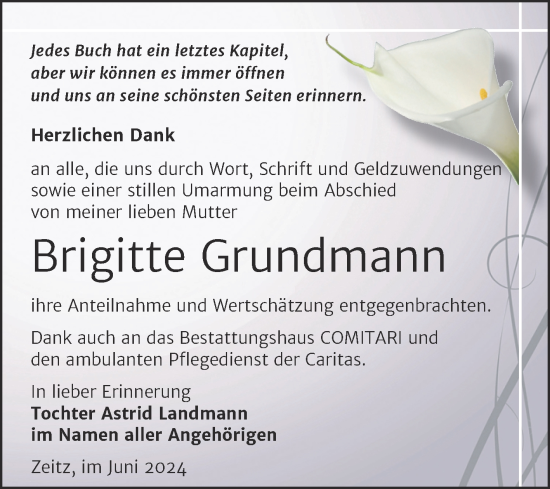 Traueranzeige von Brigitte Grundmann von Trauerkombi Zeitz