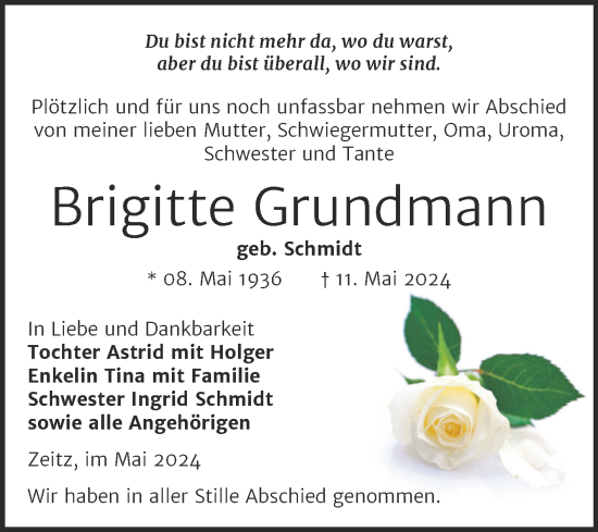 Traueranzeige von Brigitte Grundmann von Trauerkombi Zeitz