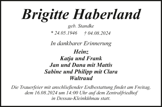 Traueranzeige von Brigitte Haberland von Trauerkombi Dessau