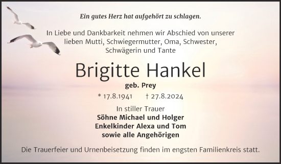 Traueranzeige von Brigitte Hankel von Trauerkombi Köthen