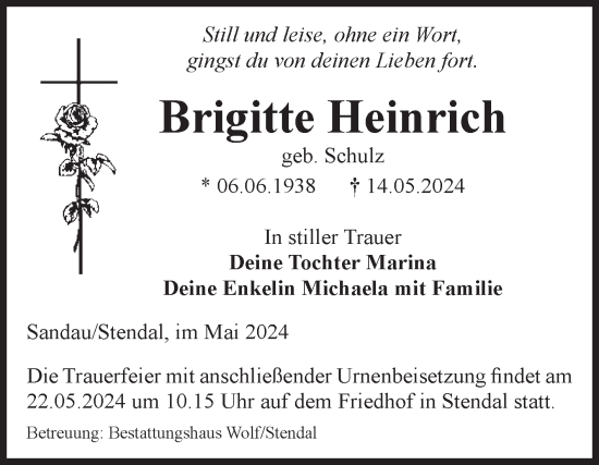 Traueranzeige von Brigitte Heinrich von Volksstimme Altmark Ost