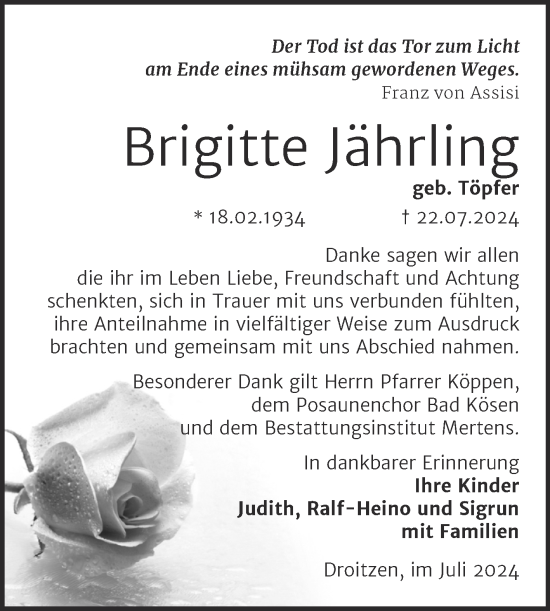 Traueranzeige von Brigitte Jährling von Super Sonntag Naumburg/Nebra